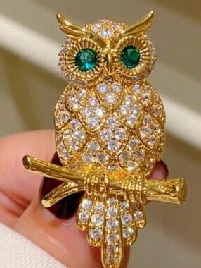 Gold-Tone Owl Crystal Brooch with Emerald Eyes